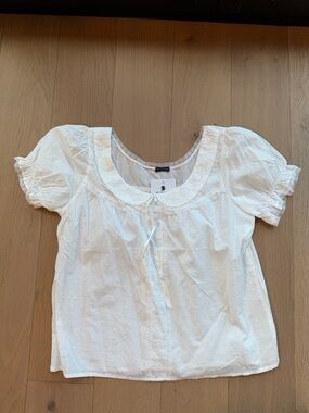 Brandy Melville White Lace-Trim Puff Sleeve Blouse